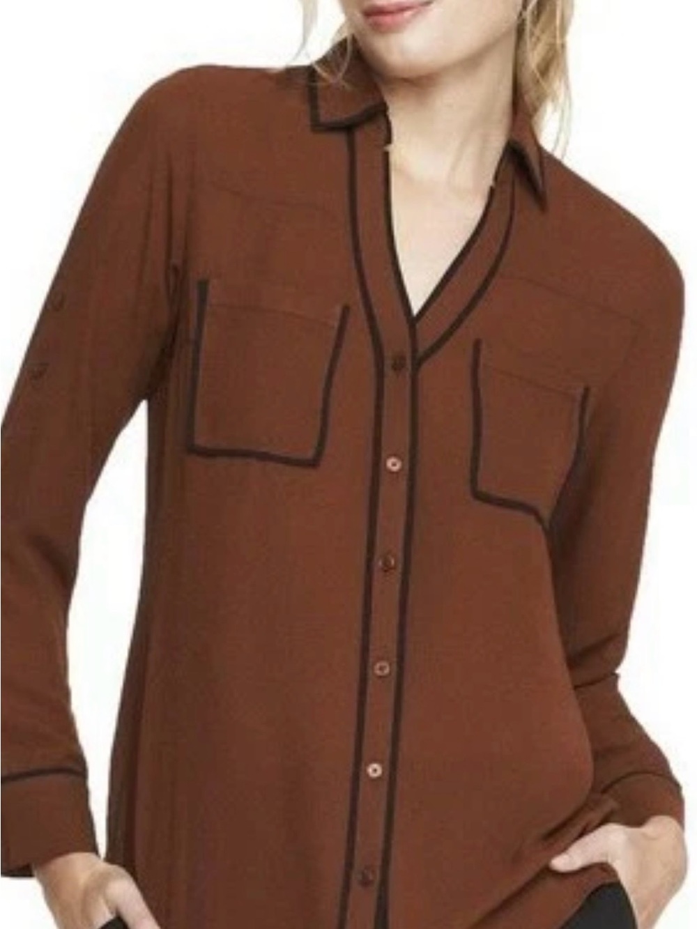 Express Brown Button-Front Blouse with Contrast Piping